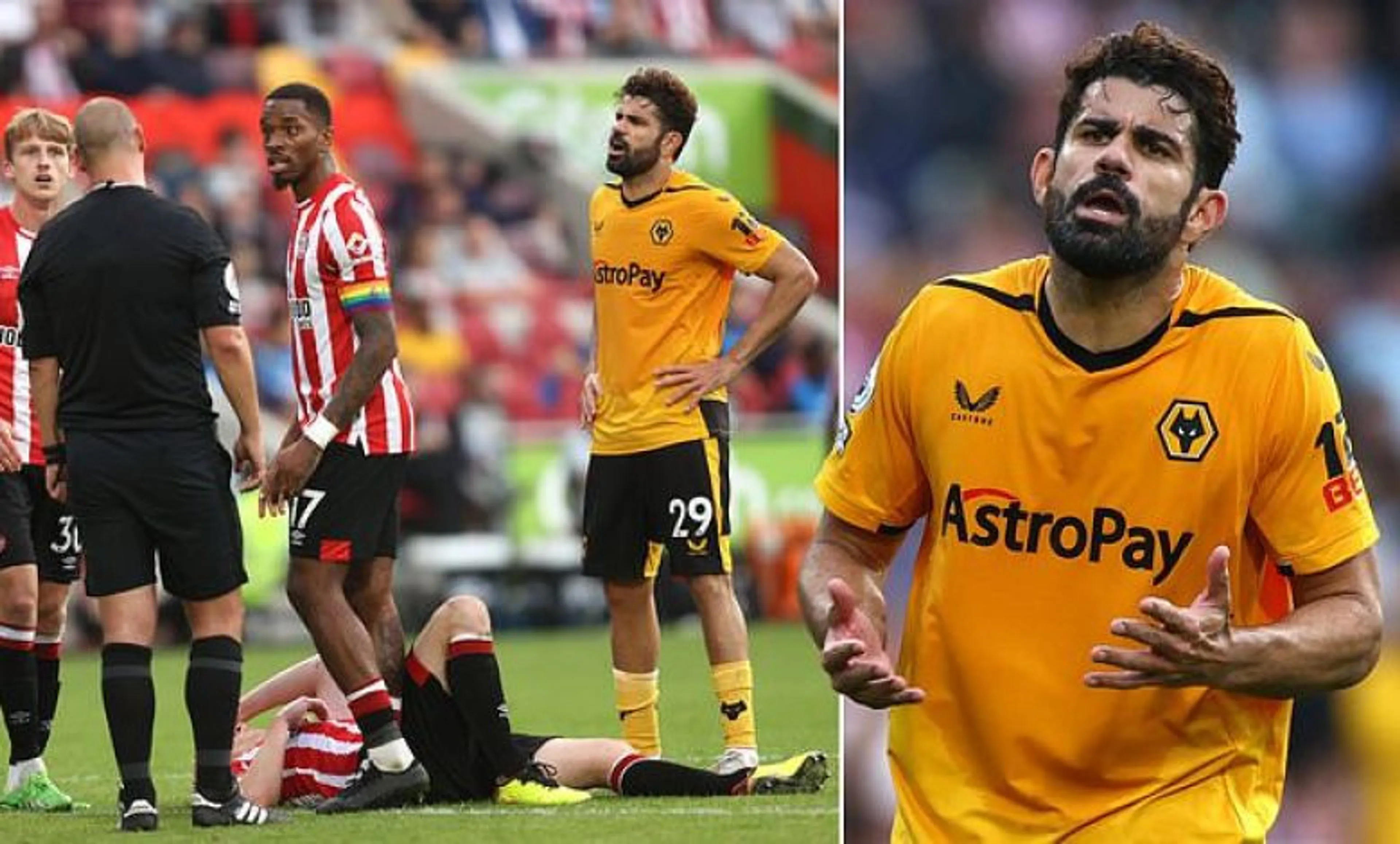 Copertina di Follia Diego Costa, testata a un avversario e rosso in Brentford-Wolverhampton 