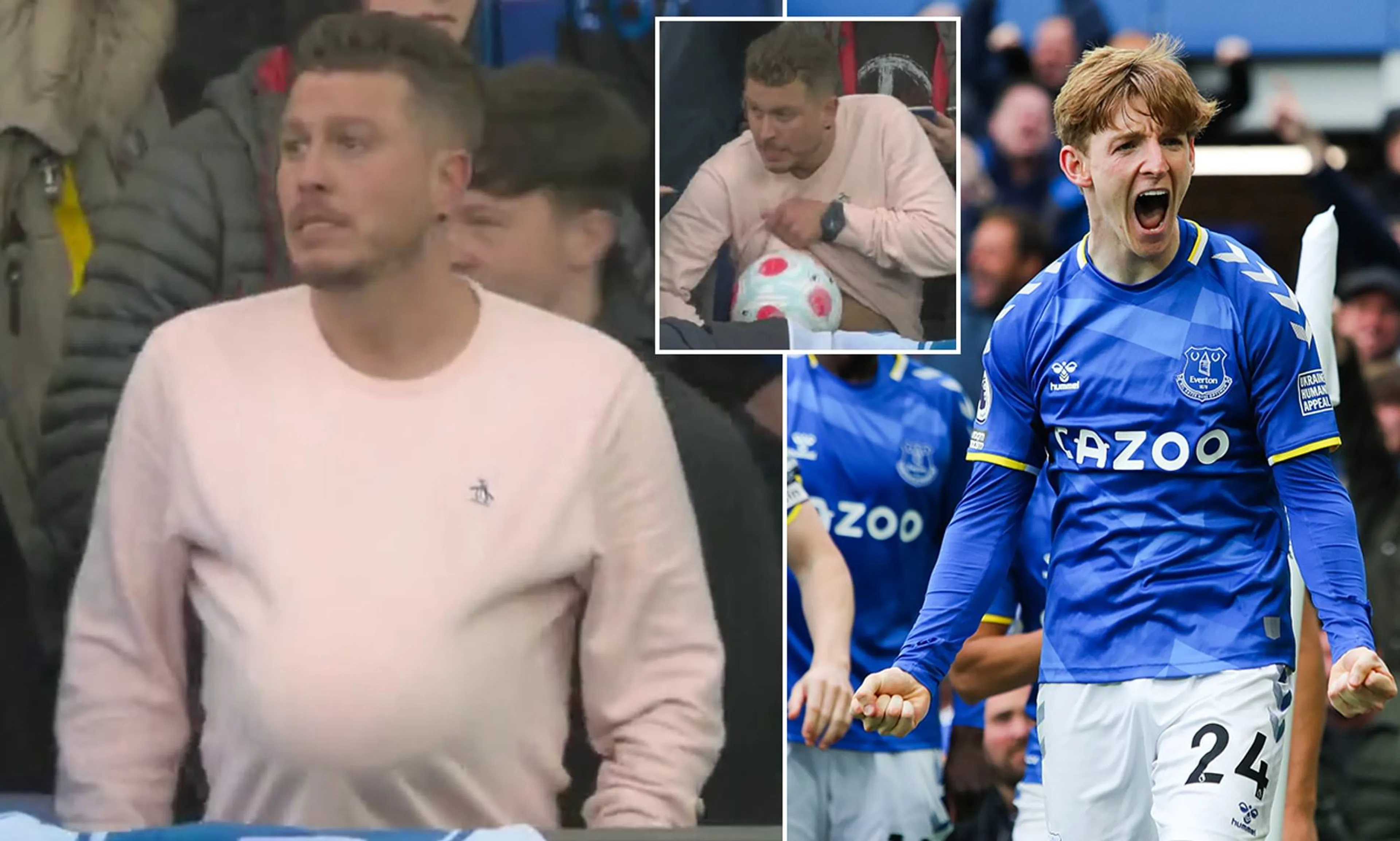 Copertina di Everton-Chelsea, pallone finisce sugli spalti e un tifoso lo nasconde sotto il maglione: ecco perché