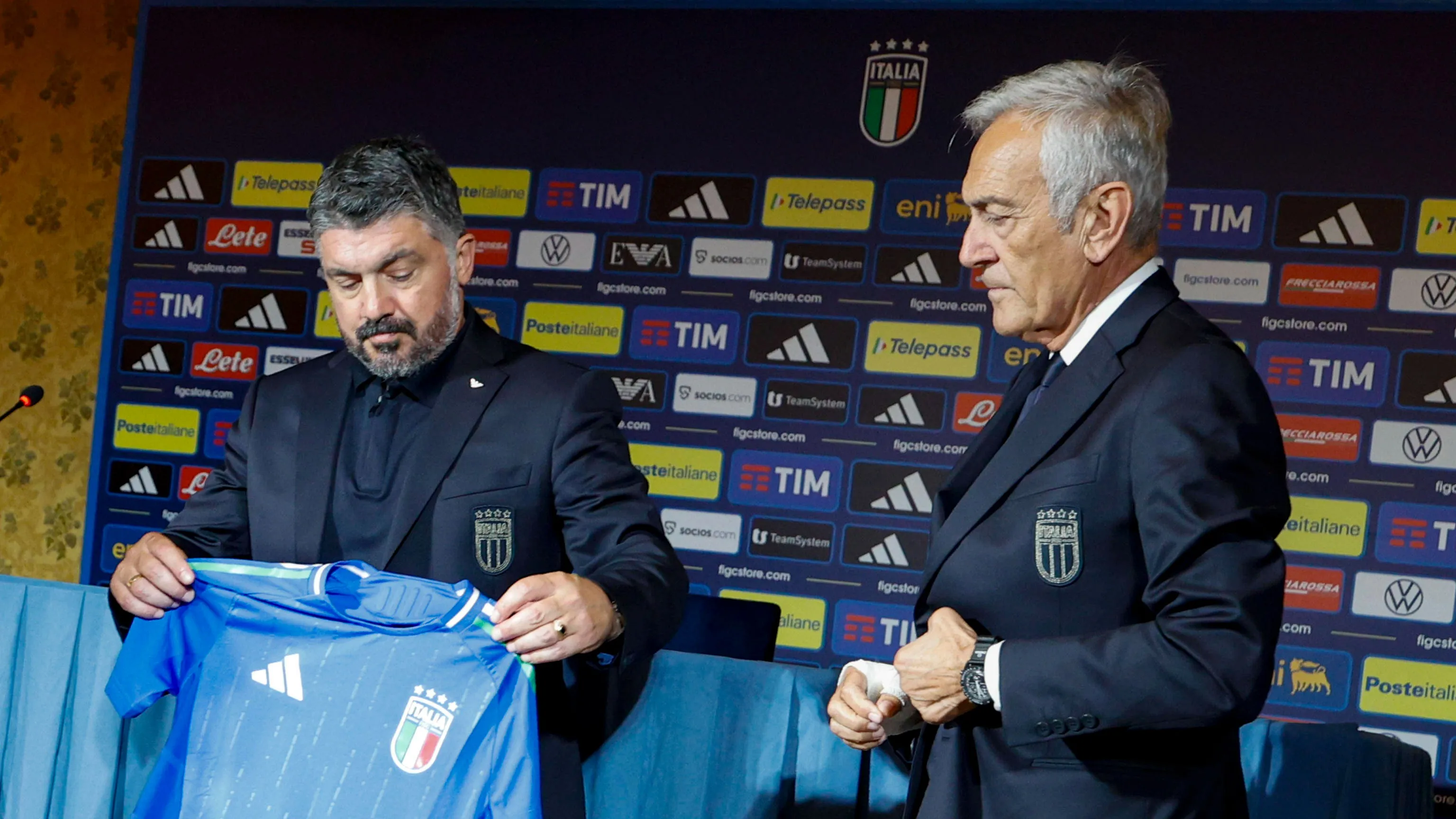 Il presidente della FIGC Gabriele Gravina presenta il nuovo ct dell'Italia Gennaro Gattuso