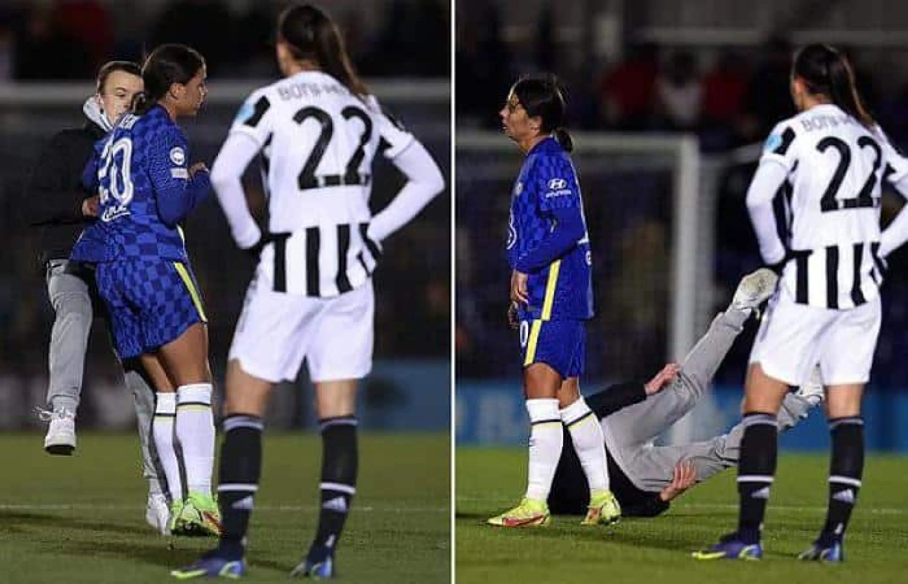 Copertina di Chelsea-Juve Women, invasore non abbandona il campo: Kerr lo atterra con una spallata (VIDEO)