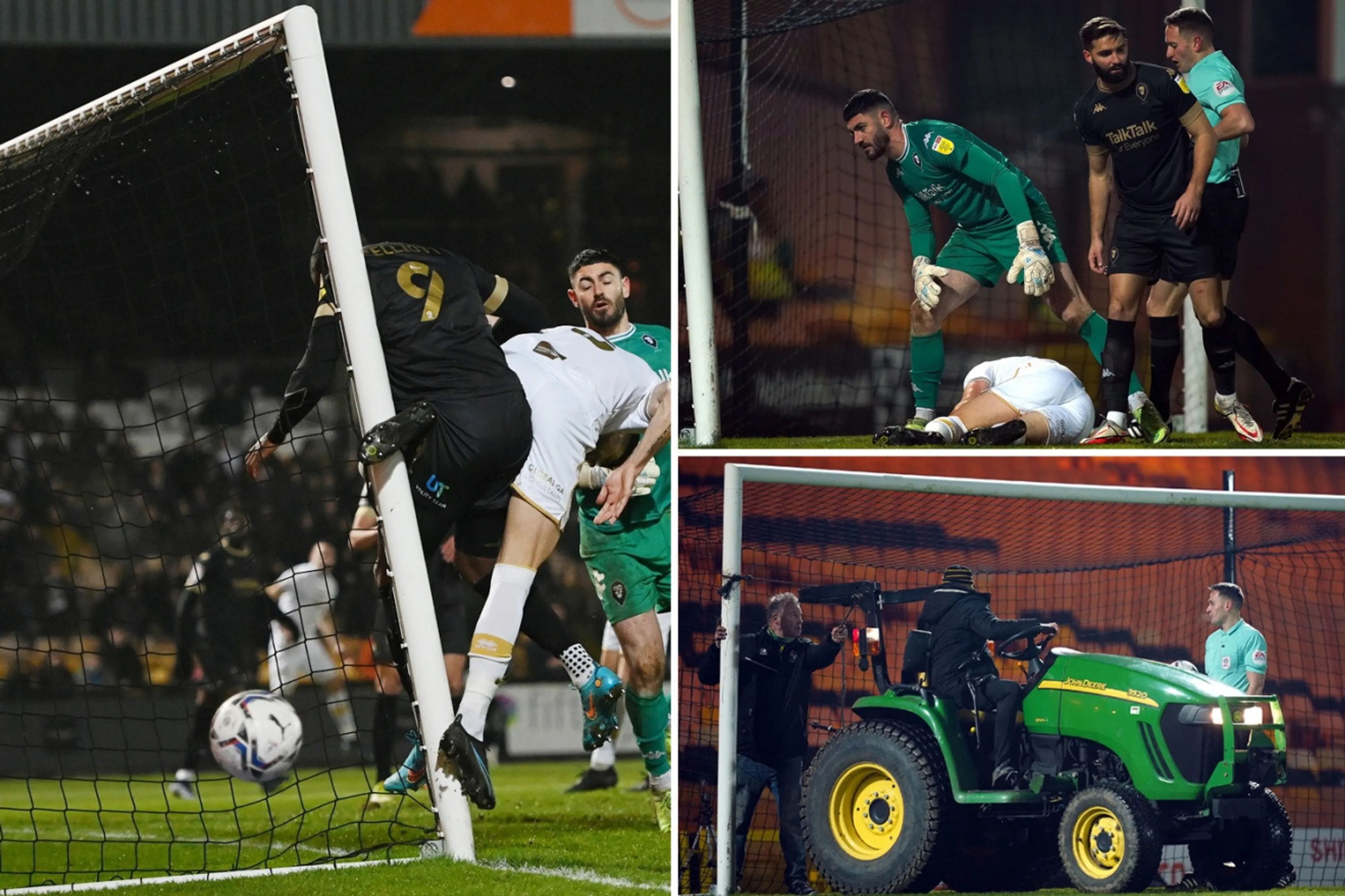 Copertina di League Two, giocatore piega palo della porta dopo contrasto aereo: trattore in campo per ripararlo