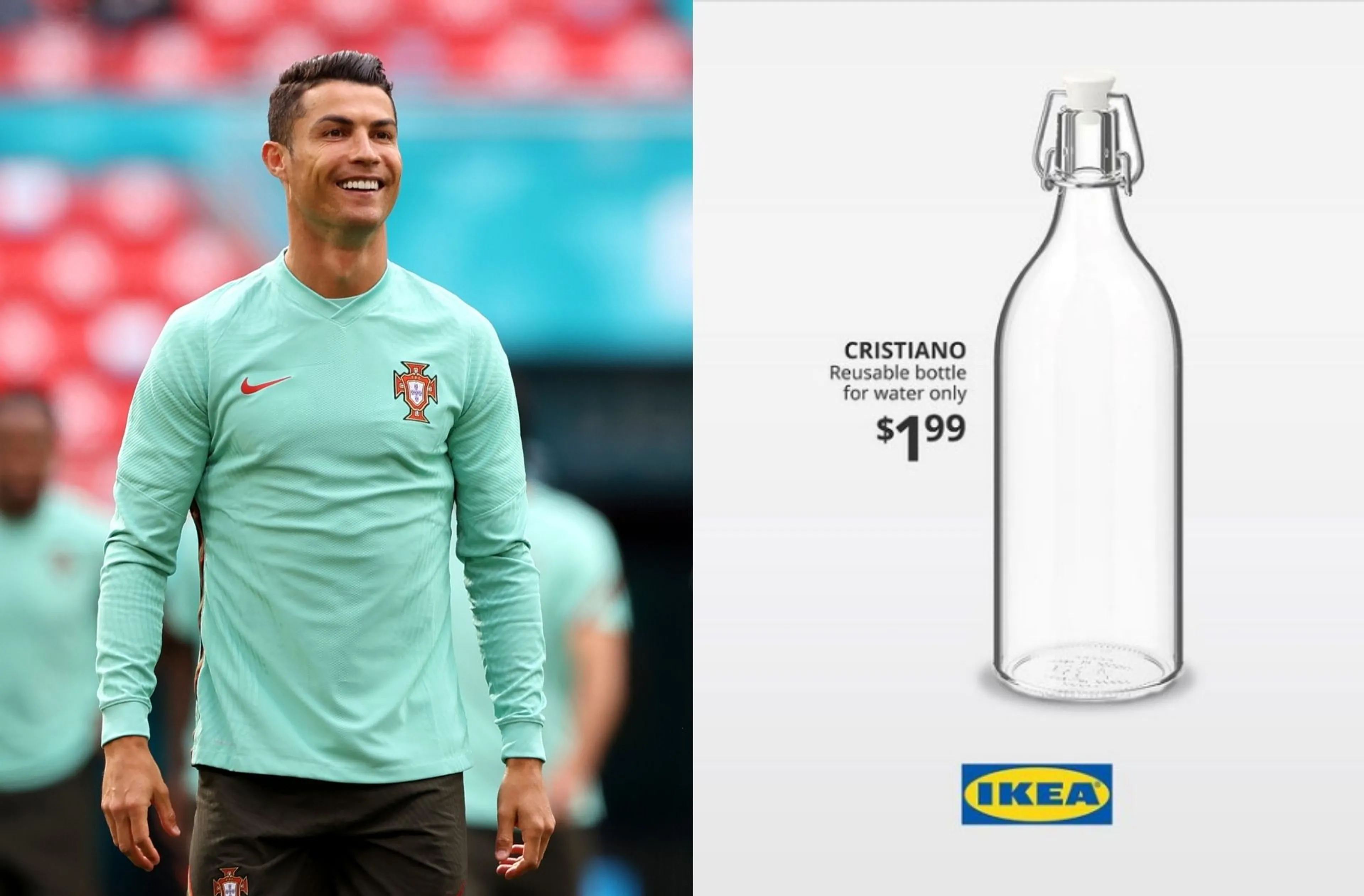 Copertina di Ronaldo e Coca Cola, trovata ironica di Ikea: lancia bottiglia “Cristiano”, solo per acqua
