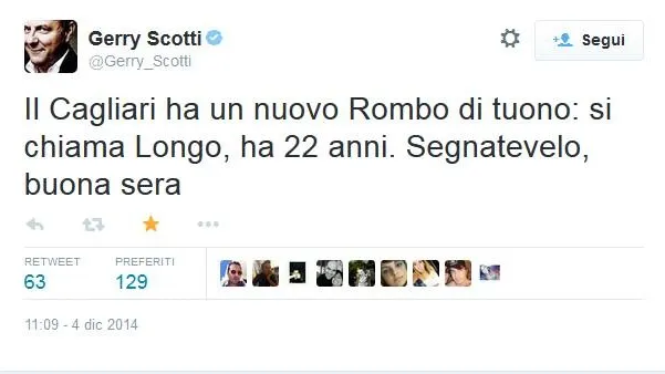 Il tweet di Gerry Scotti su Longo